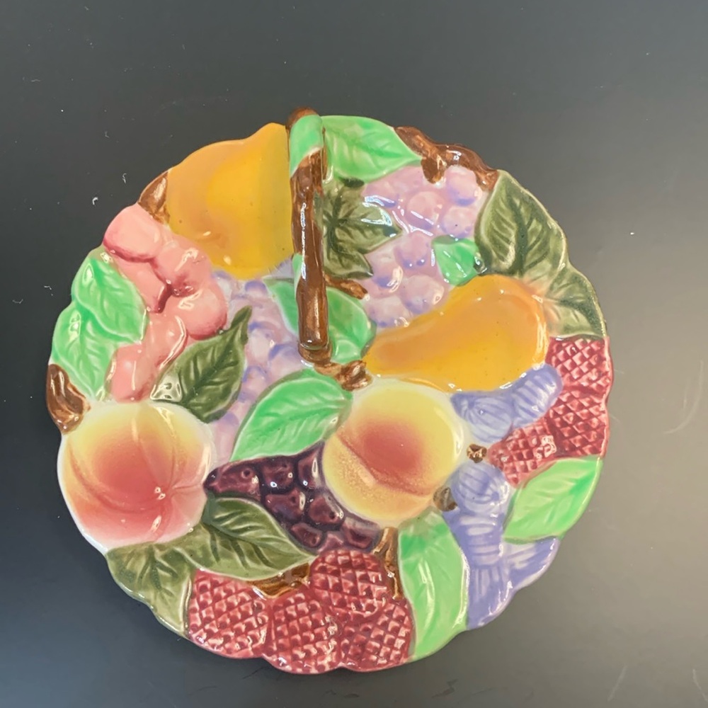 VINTAGE MAJOLICA STYLE JAPAN TUTTI FRUTTI SINGLE HANDLE LEMON SERVER PLATE 6”